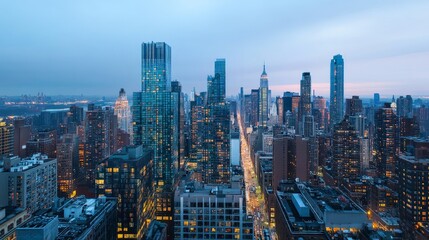 Fototapeta premium A beautiful aerial city view with skyscrapers softly illuminated, reflecting the modern and dynamic feel of the urban skyline.