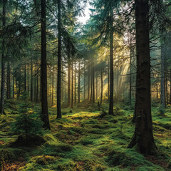 Obraz premium Lush forest with sunlight filtering through tall trees, creating a serene atmosphere.