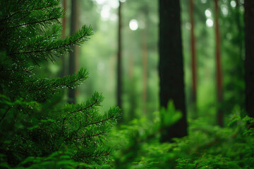 Fototapeta premium Lush green forest with tall trees and vibrant foliage under soft natural light