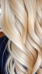 Naklejka premium A close-up background featuring long blonde hair, showcasing its soft texture and vibrant color, perfect for beauty and fashion-themed designs.