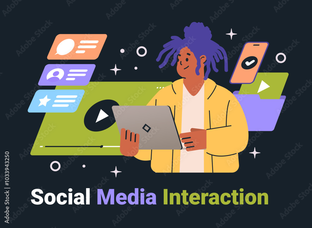 Poster social media interaction concept person using laptop digital communication colorful chat icons dark 
