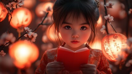A close-up portrait of a young girl wearing traditional clothing, holding a red book with a serene expression.
