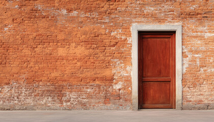 Red brick wall with a wooden door, rustic and textured surface, minimalistic aesthetic.