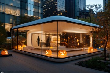 Naklejka premium This image captures a stylish, modern pavilion at night, beautifully lit with glowing pumpkins and warm interior lights, offering a blend of contemporary design and Halloween spirit.