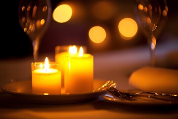 A beautifully set dining table with candles as the centerpiece, with elegant table settings, such as plates and cutlery, with candles softly lit