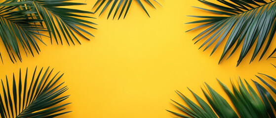 Obraz premium Tropical palm leaves on a bright yellow background for a vibrant, summery aesthetic.