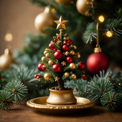 A small, beautifully decorated miniature Christmas tree,