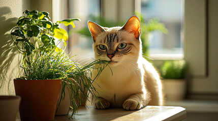 Portrait of a cat nibbling on grass in the kitchen