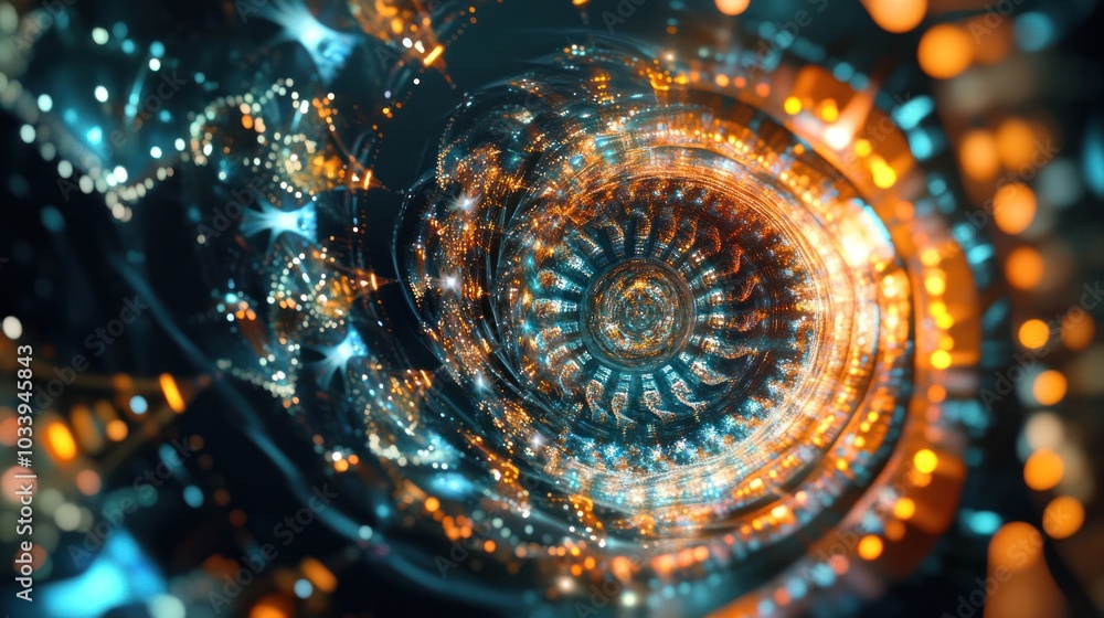 Poster abstract image of quantum galaxy gears rotating in a kaleidoscope pattern.