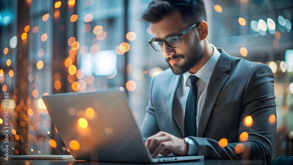 Poster bokeh light effects: entrepreneur analyzing market trends with laptop in dynamic professional backgr