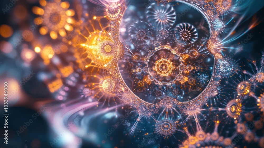 Poster abstract image of quantum galaxy gears rotating in a kaleidoscope pattern.