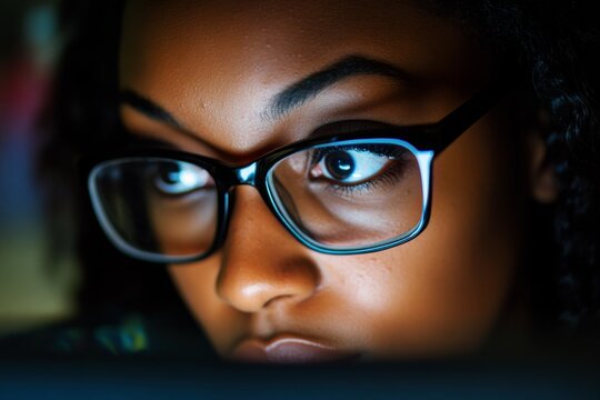 Close-up of focused woman wearing glasses staring at computer screen late at night, working in dark office