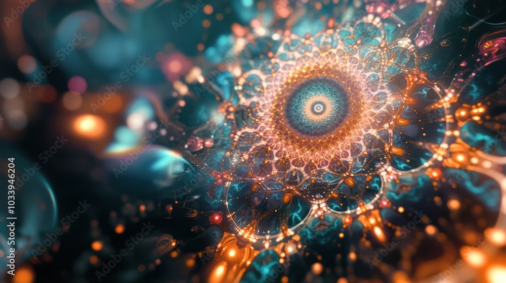 Poster abstract image of quantum galaxy gears rotating in a kaleidoscope pattern.