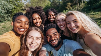 Fototapeta premium Selfie group of smiling multicultural young friends outdoors. Cheerful people posing happy for mobile photo hugging looking at camera all together. Positive relationships in community in generation