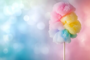 Close-up of a stick of fluffy cotton candy with bright, pastel colors, with sparkling sugar or a sprinkle of confectioner's sugar on the candy