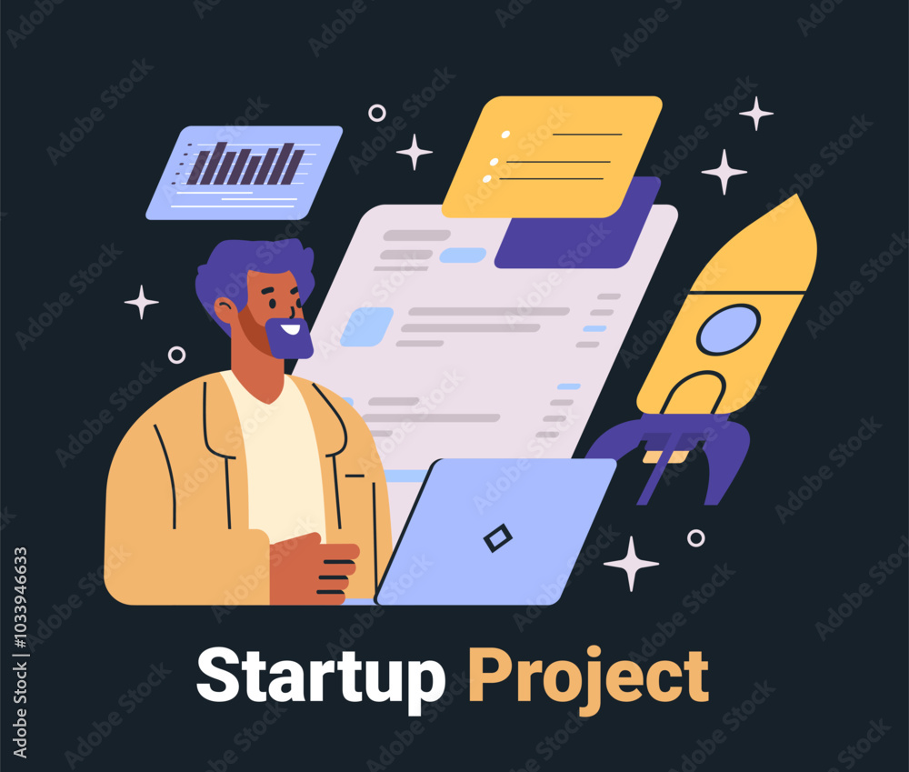 Aufkleber startup project business concept man working computer rocket charts documents dark background websit