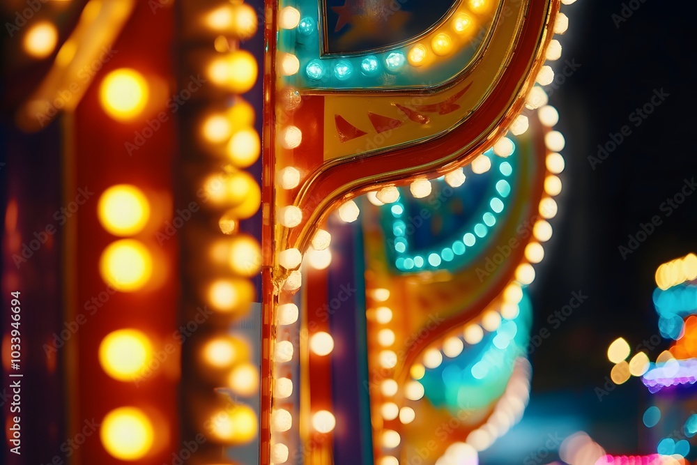 Wall mural close-up view of a colorful ferris wheel cabin with vibrant lights, with lights reflecting and creat