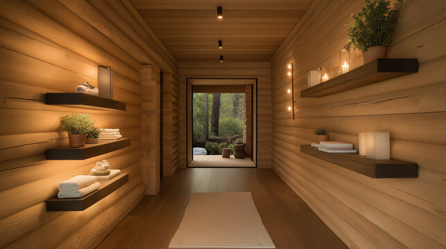 Simple and charming hallway with wooden walls, cozy lighting, and small shelves with personal decor items