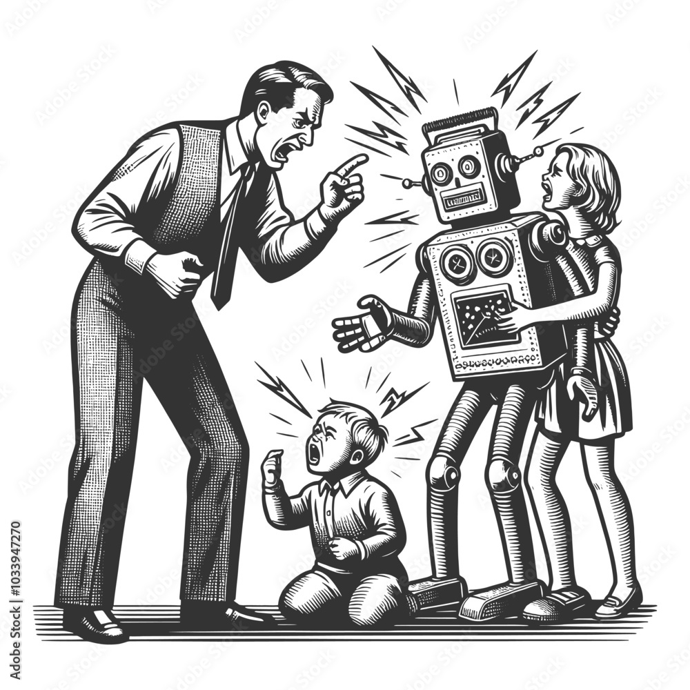 Poster father angrily confronting a robot, while two distressed children stand nearby, creating scene of te