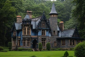 Fototapeta premium Enchanting blue castle nestled in a vibrant summer garden, crafted from gray-shingled wood with striking black turrets and surrounded by lush greenery.
