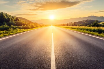 Long, empty road stretching into the distance, road with a clear horizon and few road signs to convey the idea of limitless possibilities