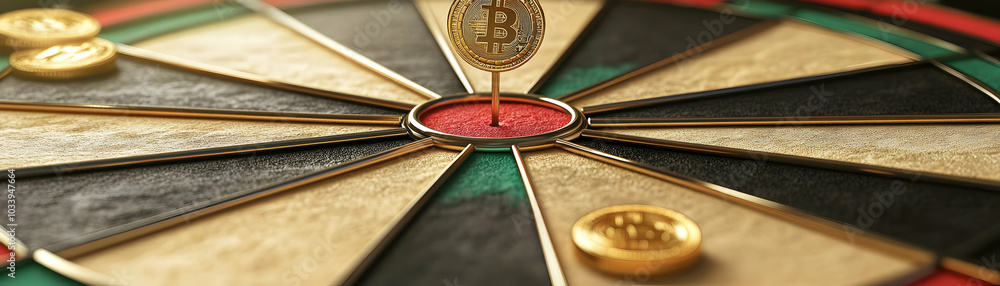 Poster dartboard with metal coins as dart points - vector illustration featuring golden coins embedded in a