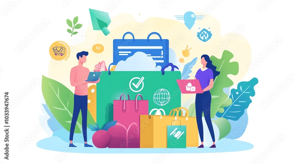 Poster large object with coding symbols, secure network and checkout, wellness and ecofriendly themes, flat