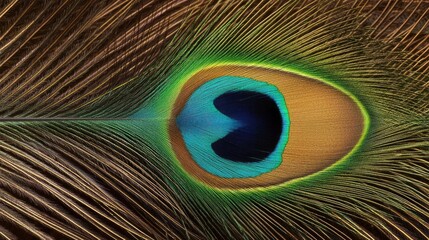 Obraz premium Close-up of a peacock feather showcasing vibrant colors and intricate patterns, highlighting nature's beauty and detail.