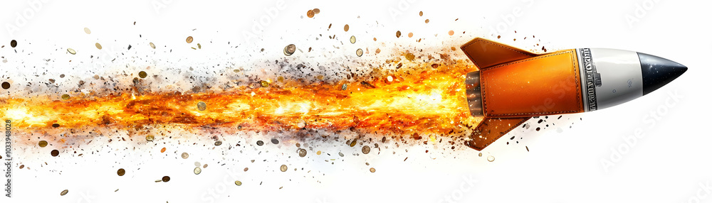 Poster vector concept of wallet transforming into rocket mid launch with coins and bills exhaust trails - d