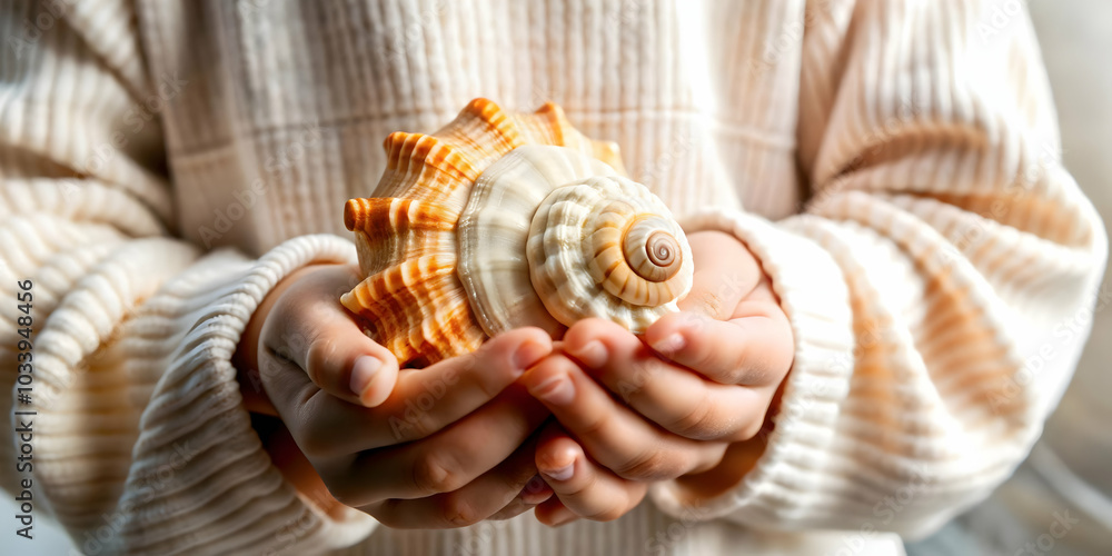 Poster close up of child's hands holding a seashell on sandy beach - macro shot capturing innocence and won