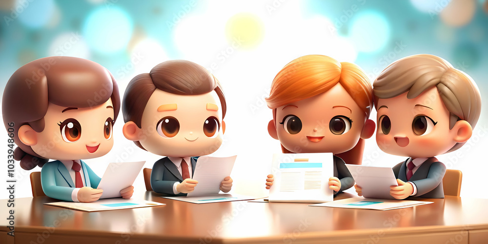 Poster close up of colleagues exchanging business documents with soft bokeh background for seo and producti