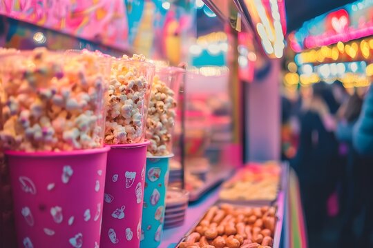 Various food stalls offering carnival treats like popcorn, candy floss, and hot dogs, with busy scene and people enjoying the food