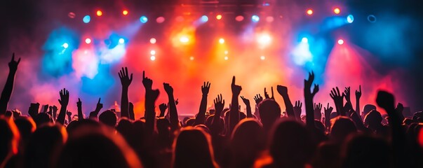 Crowd silhouette with hands in the air, framed by colorful stage lights, embodying the excitement and energy of a live concert setting