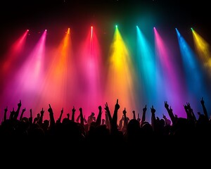 Naklejka premium Dynamic silhouette of a concert audience, arms raised in excitement, illuminated by colorful stage lights, showcasing the thrill of a live performance