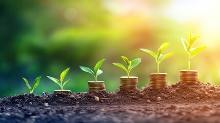 Green Plants Growing on Stacks of Gold Coins in Soil