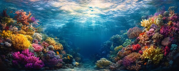 Naklejka premium Serene underwater seascape highlighting the beauty of marine biodiversity, with clear water, vibrant colors, and intricate coral formations for stock use