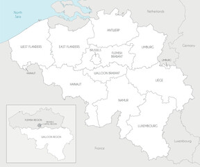 Vector map of Belgium with regions, provinces and administrative divisions, and neighbouring countries and territories. Editable and clearly labeled layers.