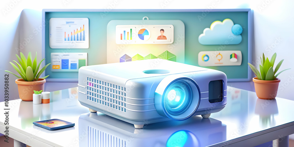 Poster close up of a futuristic projector displaying holographic slides in a business office setting with g