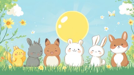 Naklejka premium Cute Cartoon Animals in Sunny Meadow