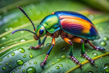 Fototapeta premium Iridescent jewel beetle on leaf with dew drops in rainforest