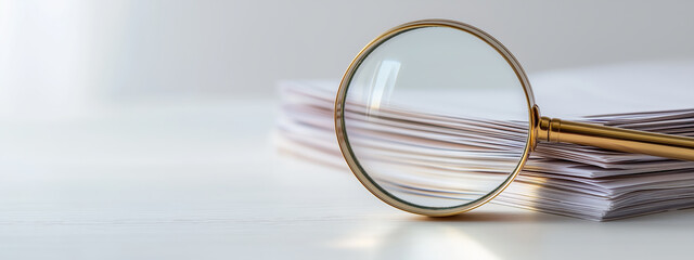 A magnifying glass rests over a neat stack of papers on a clean, minimalist desk, symbolizing close scrutiny or detailed examination, with ample space for copy and a softly blurred background