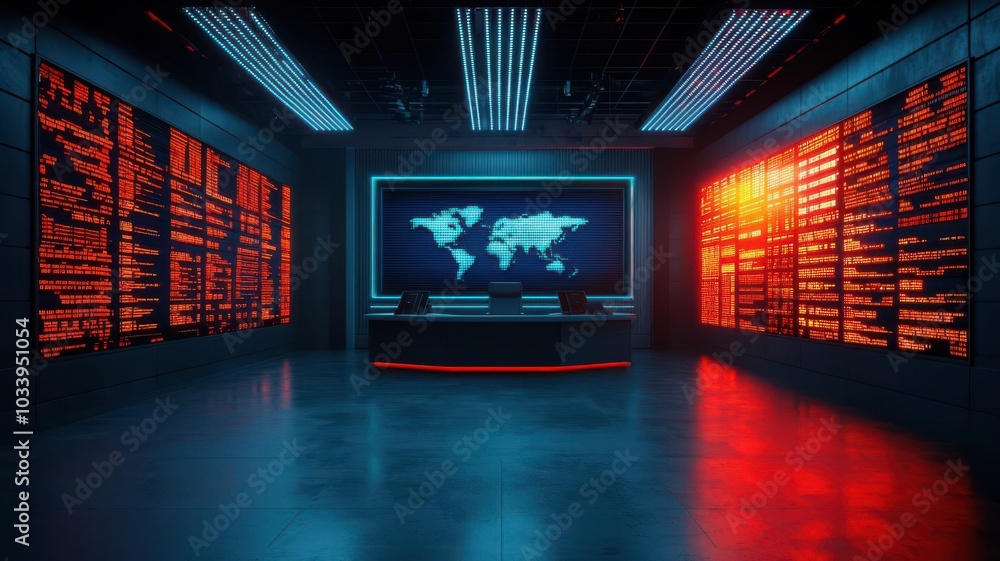 Poster a high-tech room with illuminated screens displays data and world maps, creating a futuristic atmosp