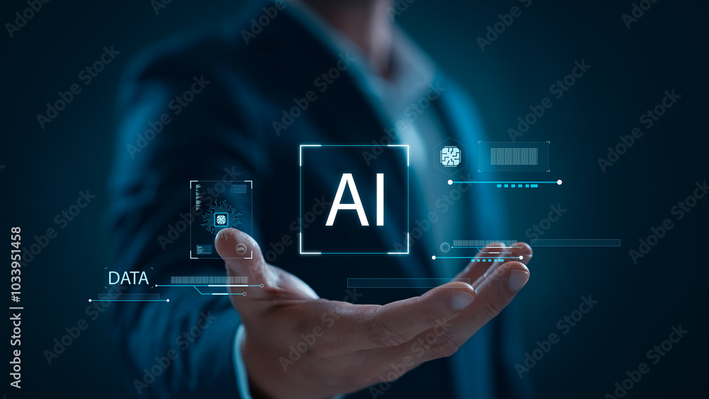 Poster businessman using artificial intelligence ai technology in future business, using artificial intelli