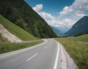 Naklejka premium mountain road in the mountains green forest around white clouds in the sky