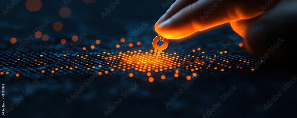Poster an abstract representation of data ownership, with a glowing hand holding a digital key, unlocking a