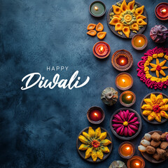 Festive Diwali Table with Glowing Diyas and Sweets