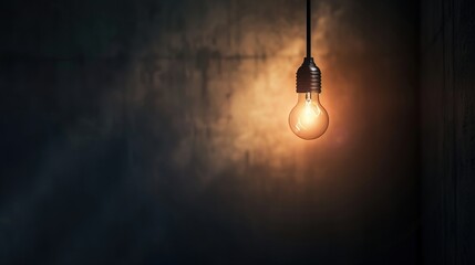 Dark empty room with single flickering light bulb casting long shadows, emphasizing absence of power and eerie atmosphere, minimalist setting with focus on light bulb's glow.