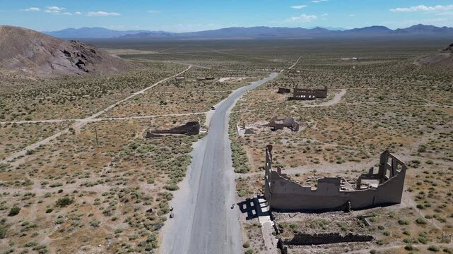 Ruins in ghost town called Rhyolite. Aerial view. Nevada, USA. 