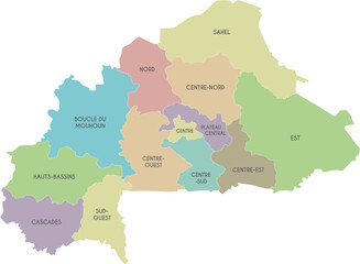 Vector map of Burkina Faso with regions or territories and administrative divisions. Editable and clearly labeled layers.