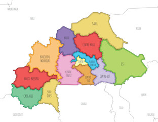 Vector illustrated map of Burkina Faso with regions and administrative divisions, and neighbouring countries and territories. Editable and clearly labeled layers.